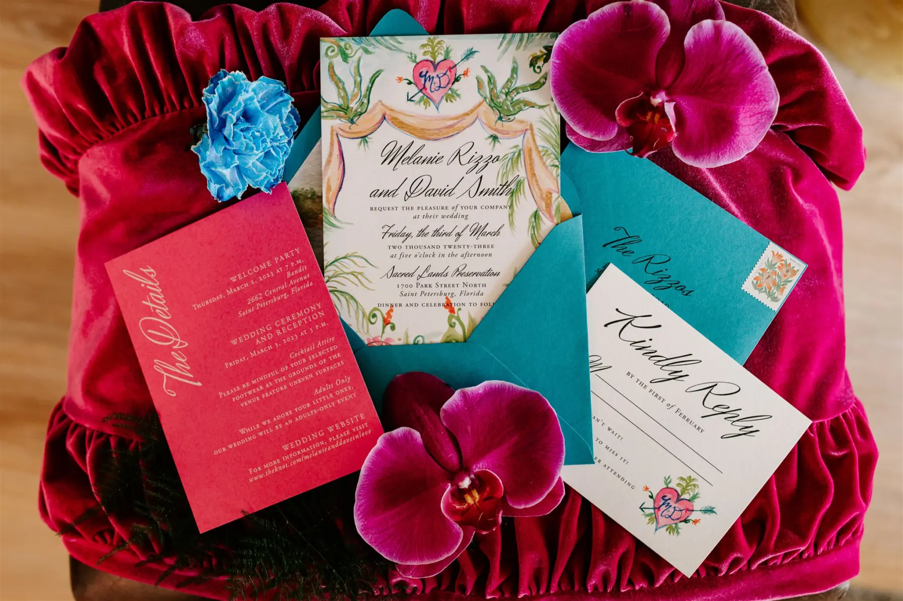 Vibrant Tropical Pink and Blue Wedding Invitation Suite Ideas