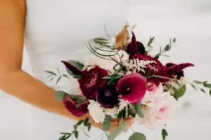 Burgundy Scabiosa, Orchids, White Fern, and Greenery Bridal Wedding Bouquet