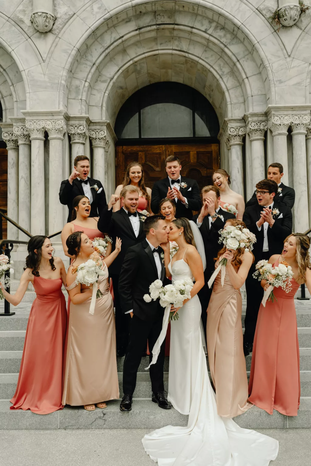 Matching Pink and Champagne Chiffon Bridesmaids Dress Ideas | Black Tuxedo and Bowtie Wedding Party Attire Inspiration | Tampa Wedding Planner Coastal Coordinating | Photographer J&S Media