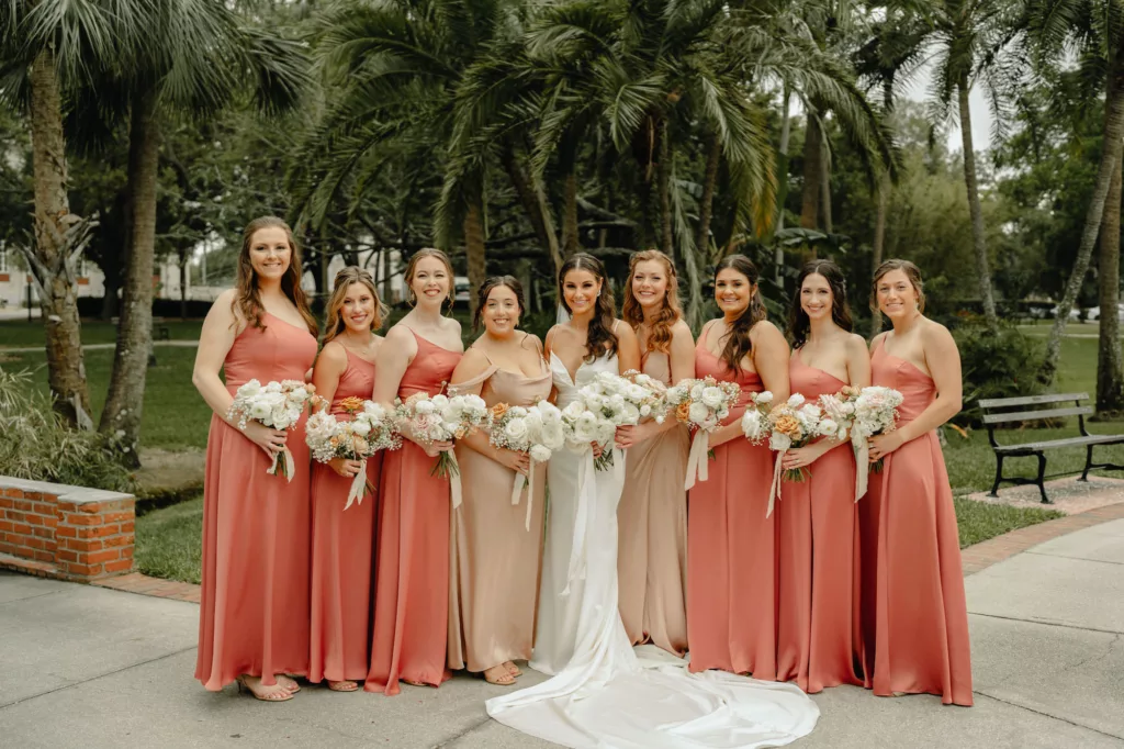 Matching Pink and Champagne Chiffon Bridesmaids Dress Ideas | Elegant White Roses, Baby's Breath, Ranunculus, Pink Roses, and Chrysanthemums Spring Wedding Bouquet Inspiration | Tampa HMUA Femme Akoi Beauty Studio