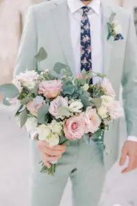 Pink Roses, White Garden Roses, Baby's Breath, and Eucalyptus Pastel Spring Wedding Bouquet Ideas