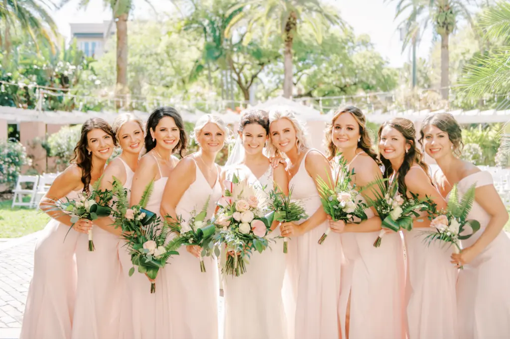 Bride with Bridesmaids Wedding Portrait | Romantic Spring Mismatching Blush Pink Dresses Ideas