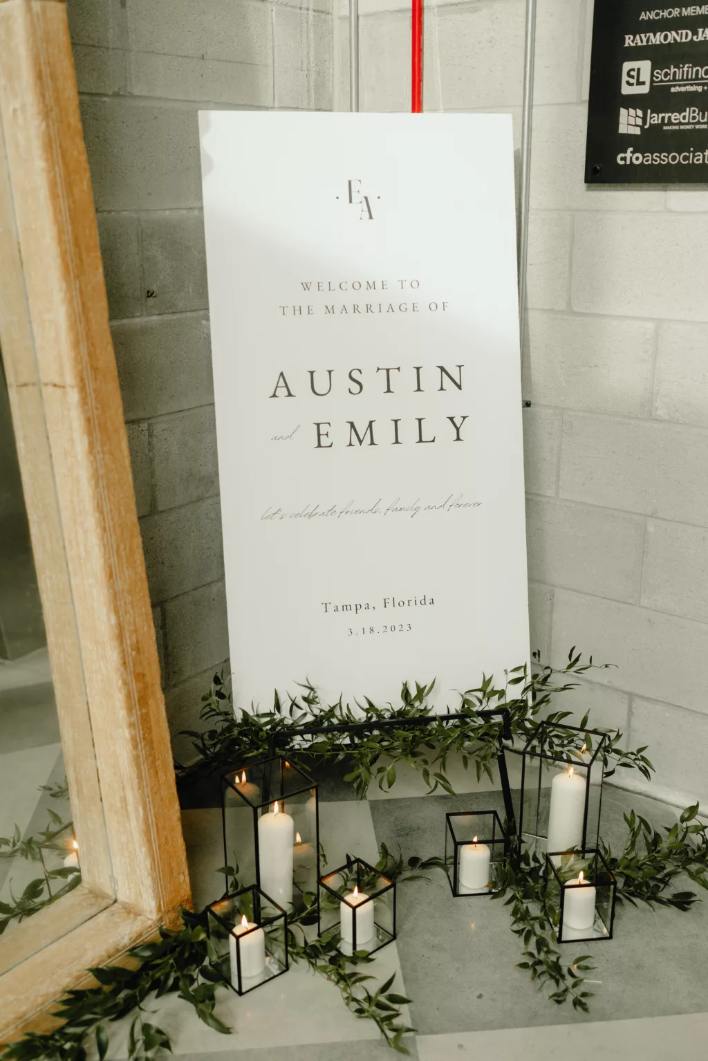 Modern Black and White Welcome Wedding Sign Decor with Black Lanterns and Pillar Candles