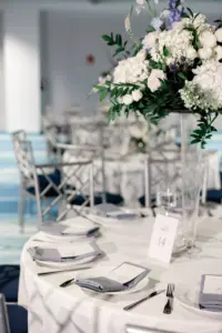 Elegant Blue and White Wedding Reception Inspiration | White Hydrangeas, Garden Roses, and Greenery | Centerpiece Ideas | Caterer Amici's Catered Cuisine