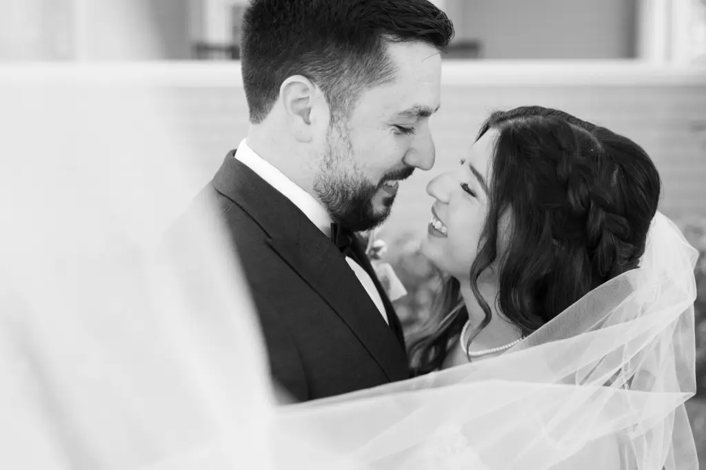 Bride and Groom Intimate Black and White Veil Wedding Portrait | Tampa Florida Mary Anna Photography