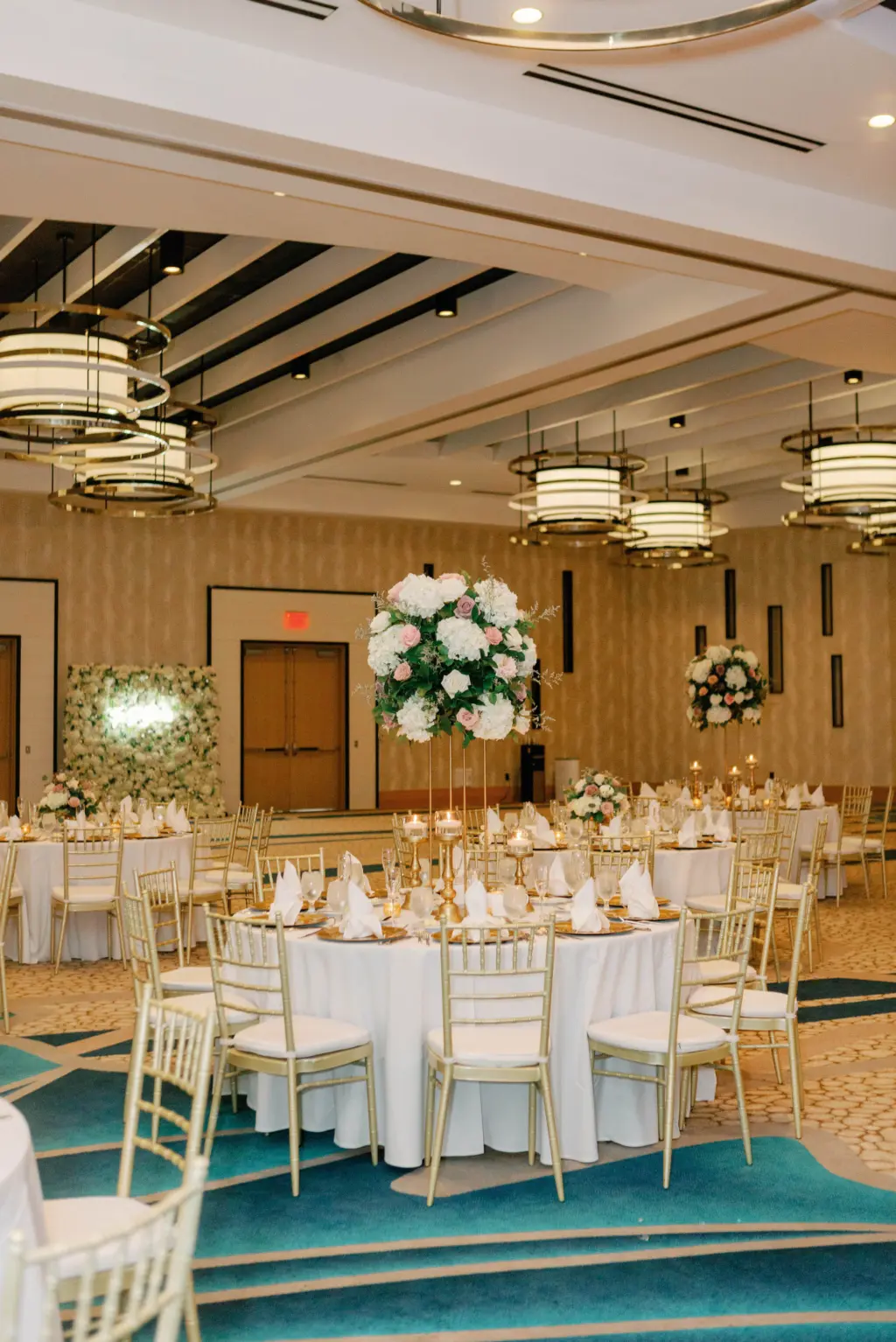 Gold Elegant Wedding Reception with Gold Chiavari Chairs, Tall White and Pink Centerpiece Ballroom Inspiration | Venue Wyndham Grand Clearwater Wedding