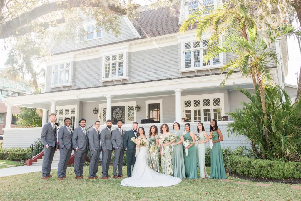 Bridal Party Wedding Portrait Outside the Orlo Wedding Venue | Tampa Wedding Photographer Mary Anna Photography | Hair and Makeup Femme Akoi Beauty Studio