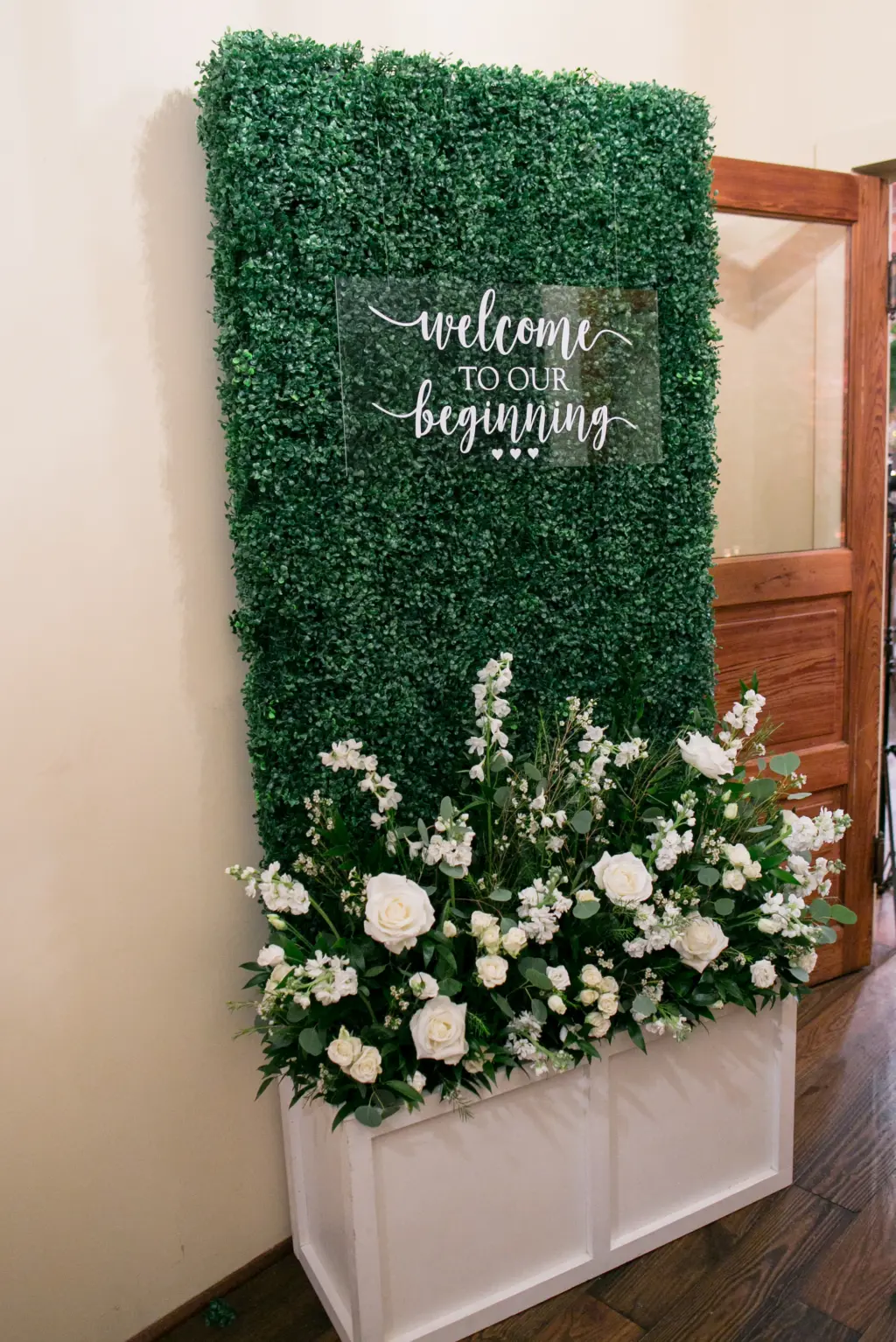 Hedge Gall with Acrylic Welcome to Our Beginning Sign | Modern Wedding Reception Decor Ideas