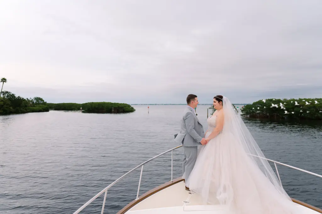 Bride and Groom Boat Bow Wedding Portrait | Sarasota Venue Longboat Key Club