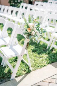 Wedding Ceremony Aisle Decor for Folding Garden Chair | Pink and White Roses with Ferns and Tropical Greenery Ideas