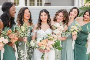 Bride with Bridesmaids in Sage Green Mix and Match Floor Length Bridesmaids Dresses Wedding Portrait | Tampa Florida Wedding Photographer Mary Anna Photography | Hair and Makeup Femme Akoi Beauty Studio