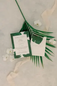 White and Green Modern Tropical Wedding Stationery with White Orchid Accent Inspiration