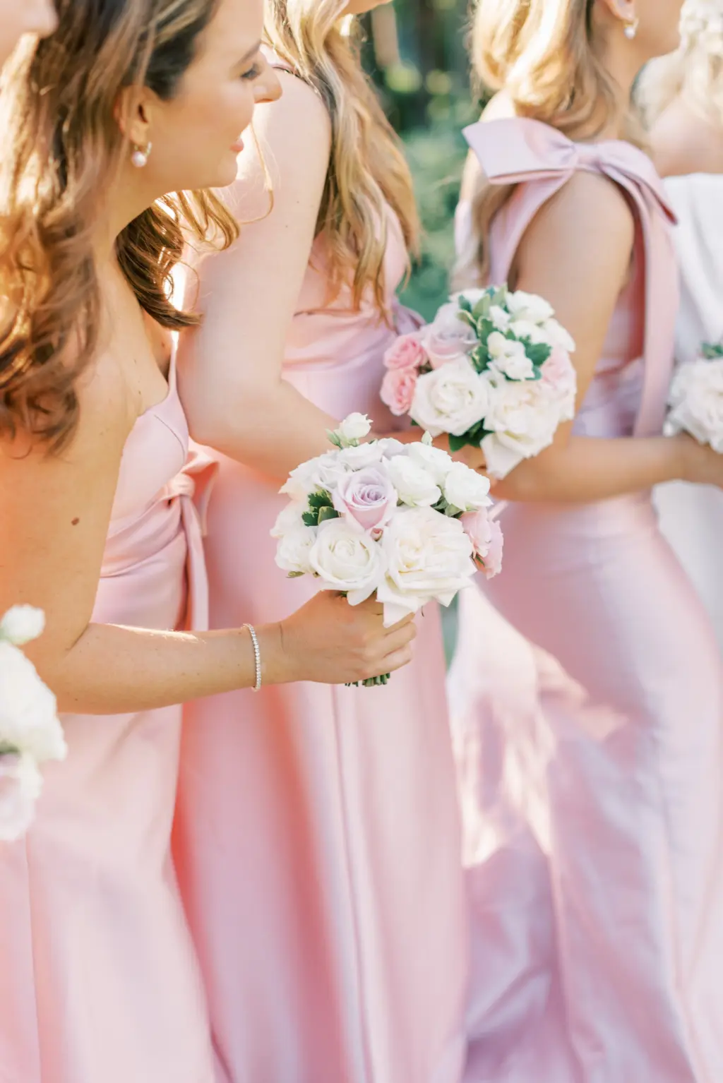 Satin Pink Bridesmaids Dresses with Pink and White Rose Wedding Bouquet Inspiration | | St Petersburg Florist Bruce Wayne Florals