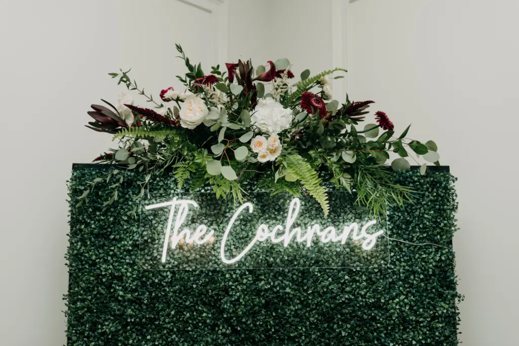 Custom Neon Sign for Wedding Reception Backdrop Ideas | Fall Burgundy Flower Arrangement Ideas with Ferns, Greenery, Garden Roses, White Hydrangeas
