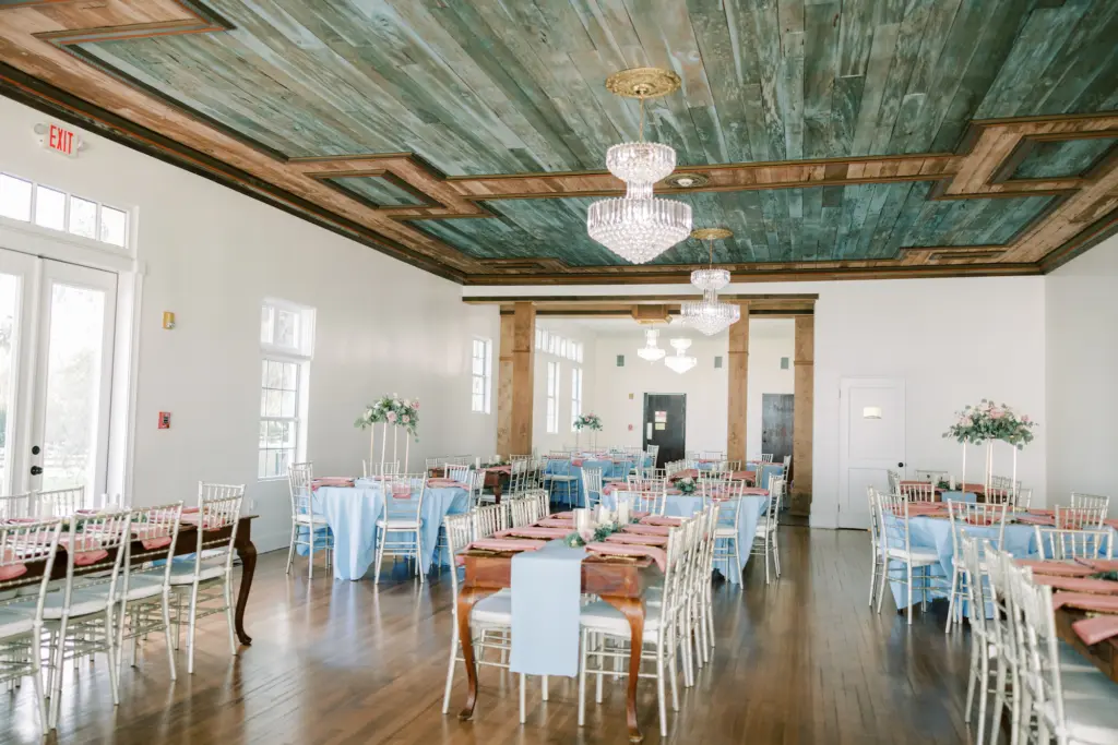 Indoor Dusty Blue and Pink Wedding Reception Inspiration with Silver Chiavari Chairs | Tampa Bay Rental Company A Chair Affair | Planner B Eventful