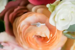 Round Diamond with Silver Diamond Band in Orange and Coral Florals Engagement Ring Inspiration