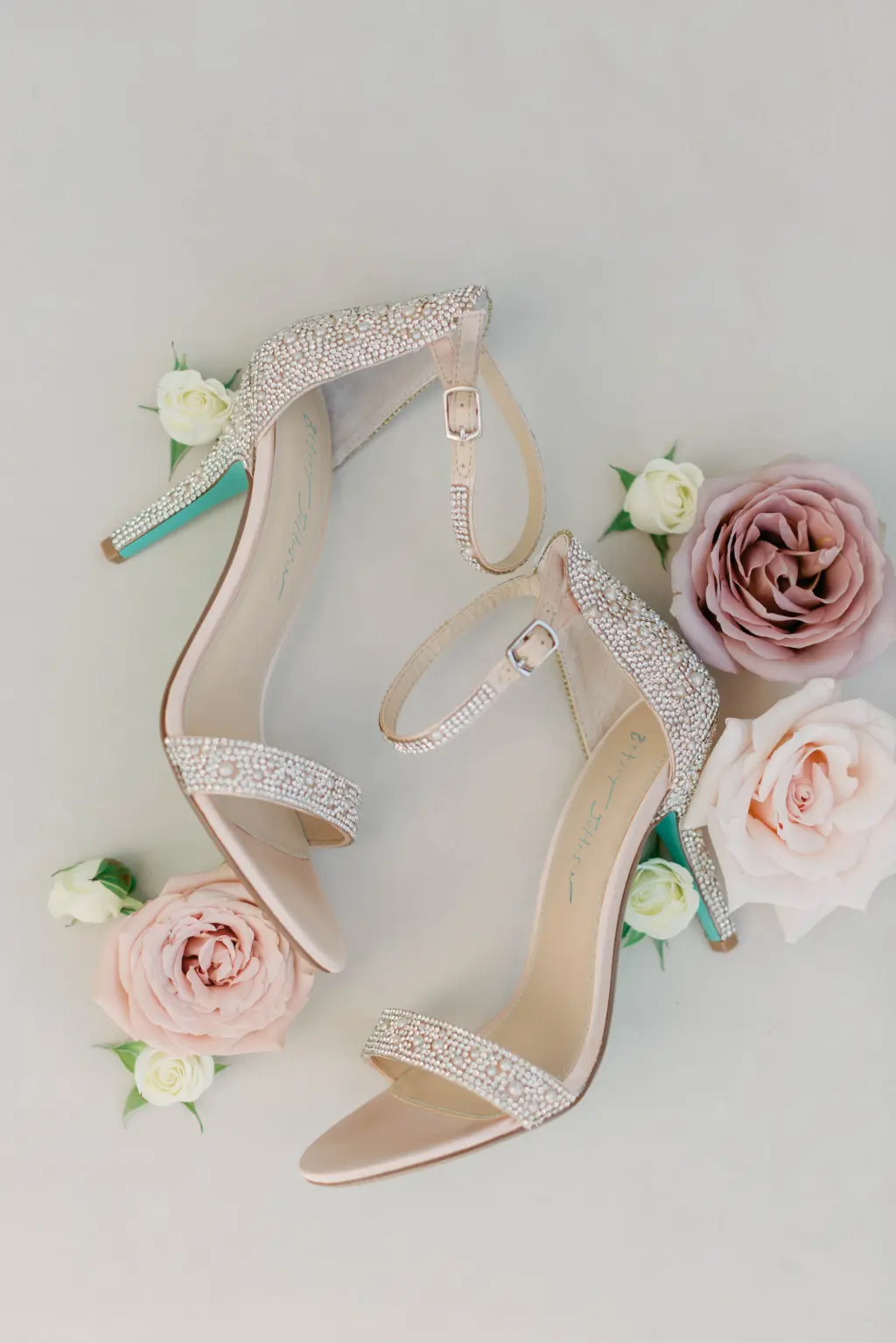 Glittery Open Toed Wedding Sandals with Mauve and Blush Roses Flat Lay Inspiration