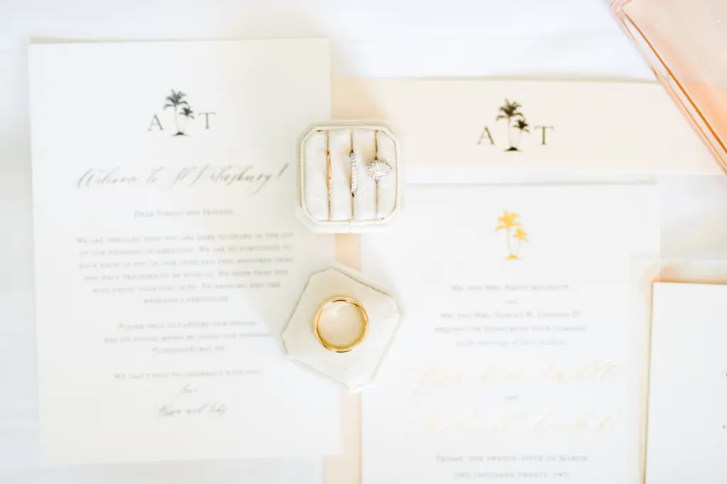 Blush Pink Palm Tree Wedding Invitation Suite Ideas | Three Ring Box Inspiration | St. Pete Custom Stationery Studio A&P Design Co.