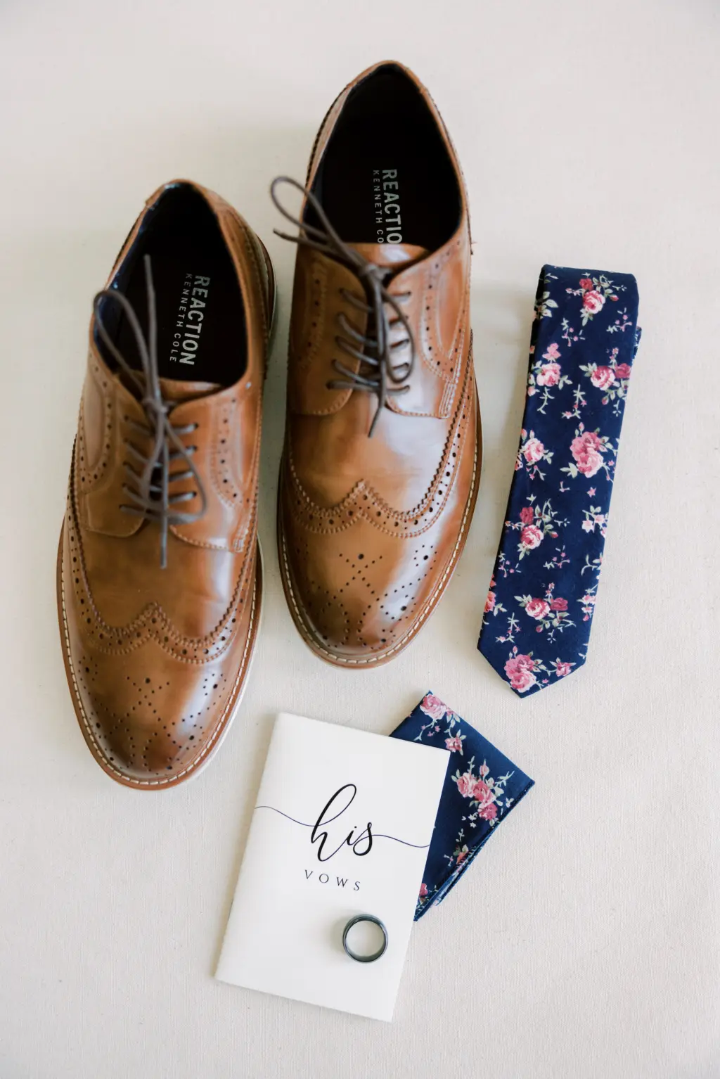 Brown Leather Oxford Wedding Shoe | Navy Tie and Pocket Square with Pink Flowers