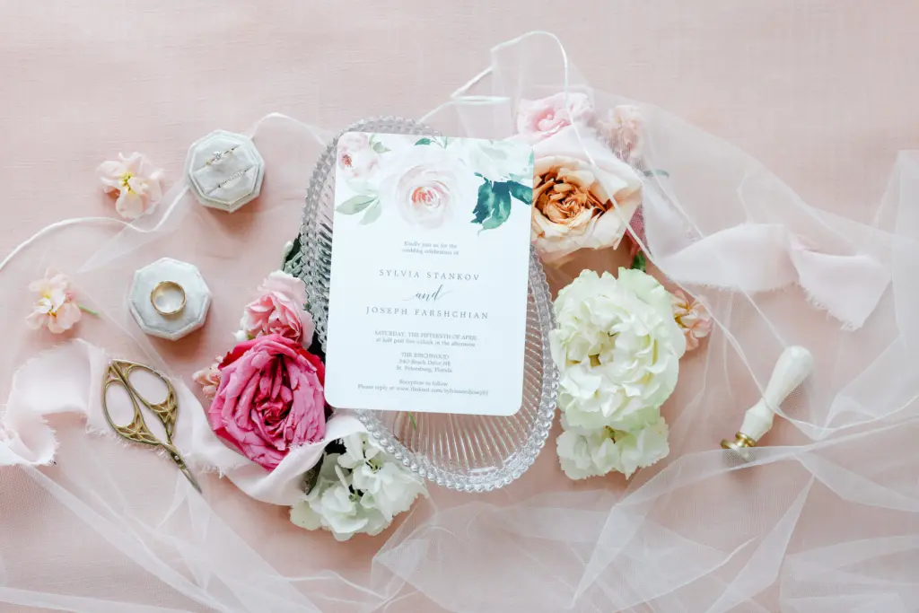 Romantic Spring Floral Wedding Stationery Inspiration with Tropical Peach and Pink Florals