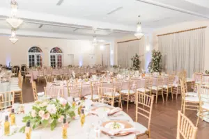 Romantic Blush Pink and Sage Green Wedding Reception Inspiration with Gold Chairs and Spring Florals | The Orlo Tampa Wedding Venue