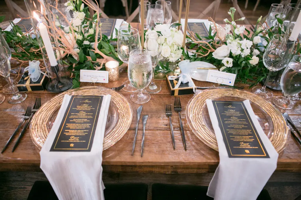 Black and Gold Wedding Reception Menu Card Ideas | Gold Chargers | Tampa Bay Custom Invitation and Stationery Studio A&P Design Co. | Kate Ryan Event Rentals