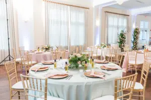 Romantic Blush Pink and Sage Green Wedding Reception Inspiration with Gold Chairs and Spring Florals