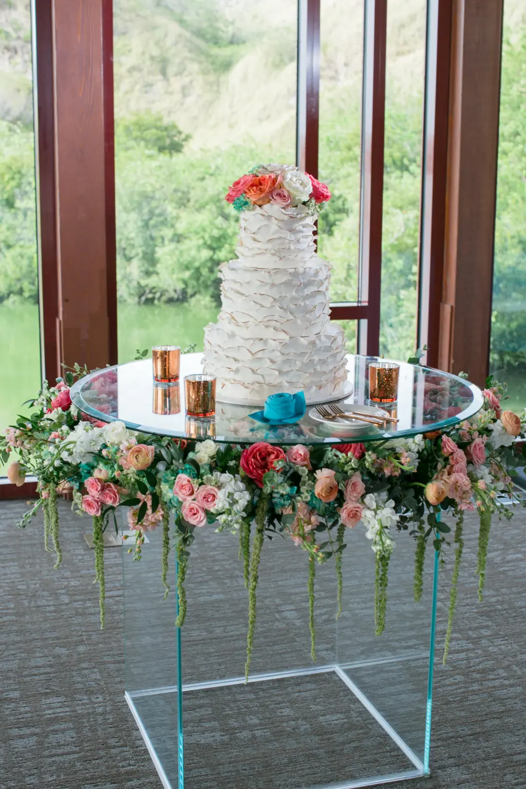 Three Tier White Wedding Cake with Colorful Summer Inspired Florals in Coral, Pink and Turquoise