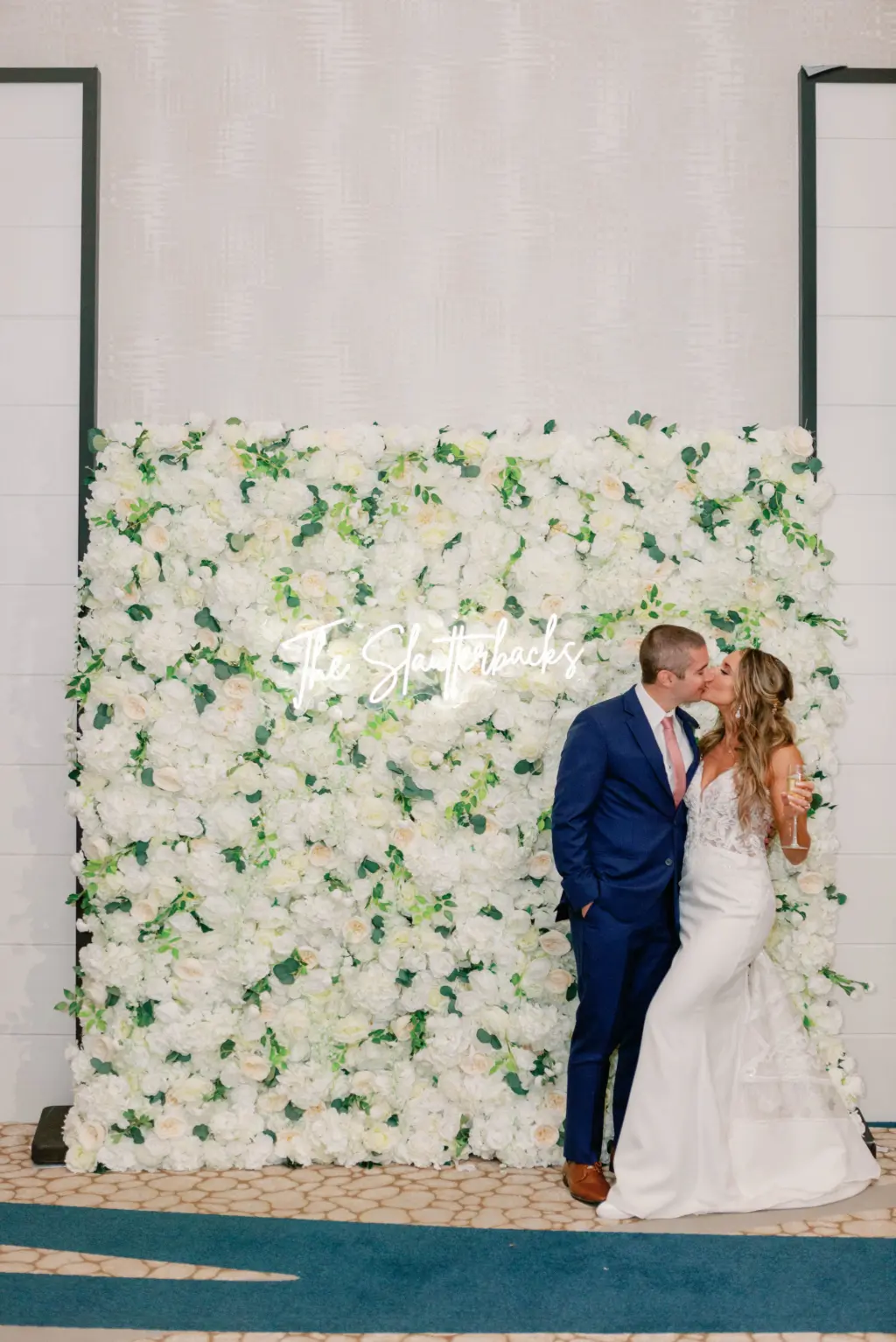 White Rose and Greenery Wall Wedding Photo Backdrop with Neon Sign Ideas