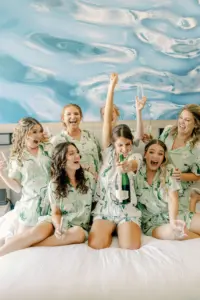Bride and Bridesmaids Getting Ready Tropical PJs Wedding Portrait