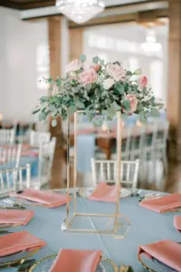Gold Flower Stand with Eucalyptus, Pink and White Roses Wedding Reception Centerpiece Ideas | Acrylic Table Number