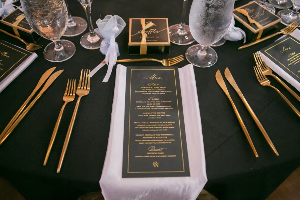 Black and Gold Modern Wedding Reception Table Setting Ideas | Tampa Bay Custom Invitation and Stationery Studio A&P Design Co. | Kate Ryan Event Rentals