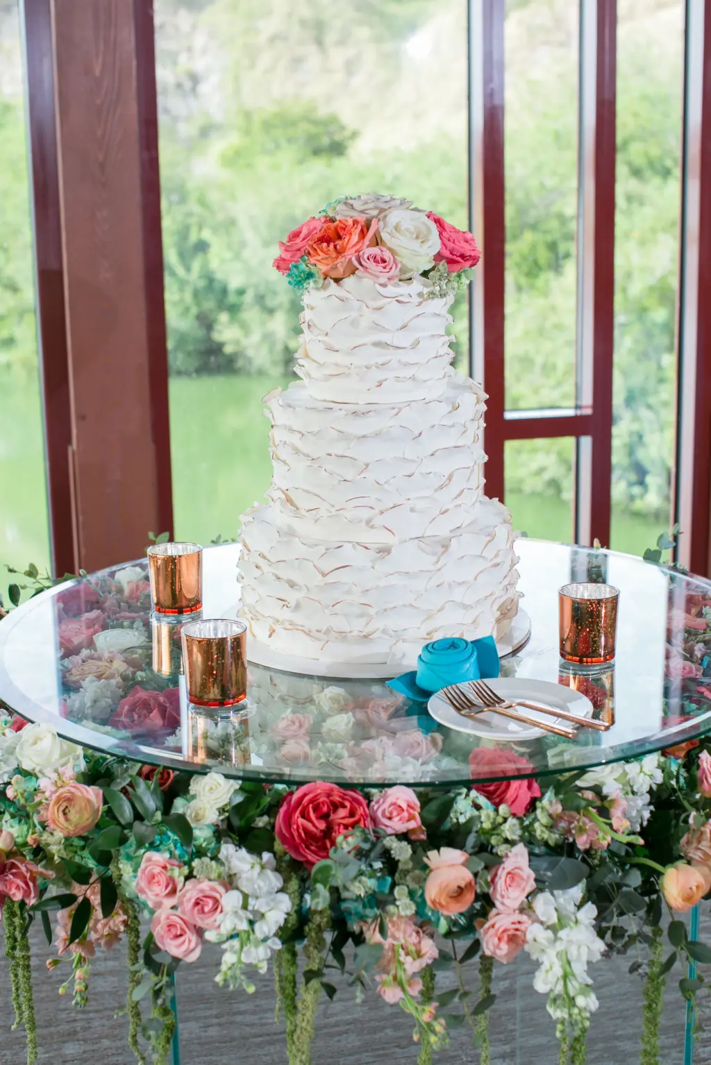 Three Tier White Wedding Cake with Colorful Summer Inspired Florals in Coral, Pink and Turquoise | Florals Tampa Monarch Events and Designs