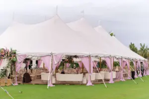 White Outdoor Pole Tent Old Florida Wedding Reception on the Harborside Lawn | Purple Drapery | Sarasota Venue The Resort at Longboat Key Club