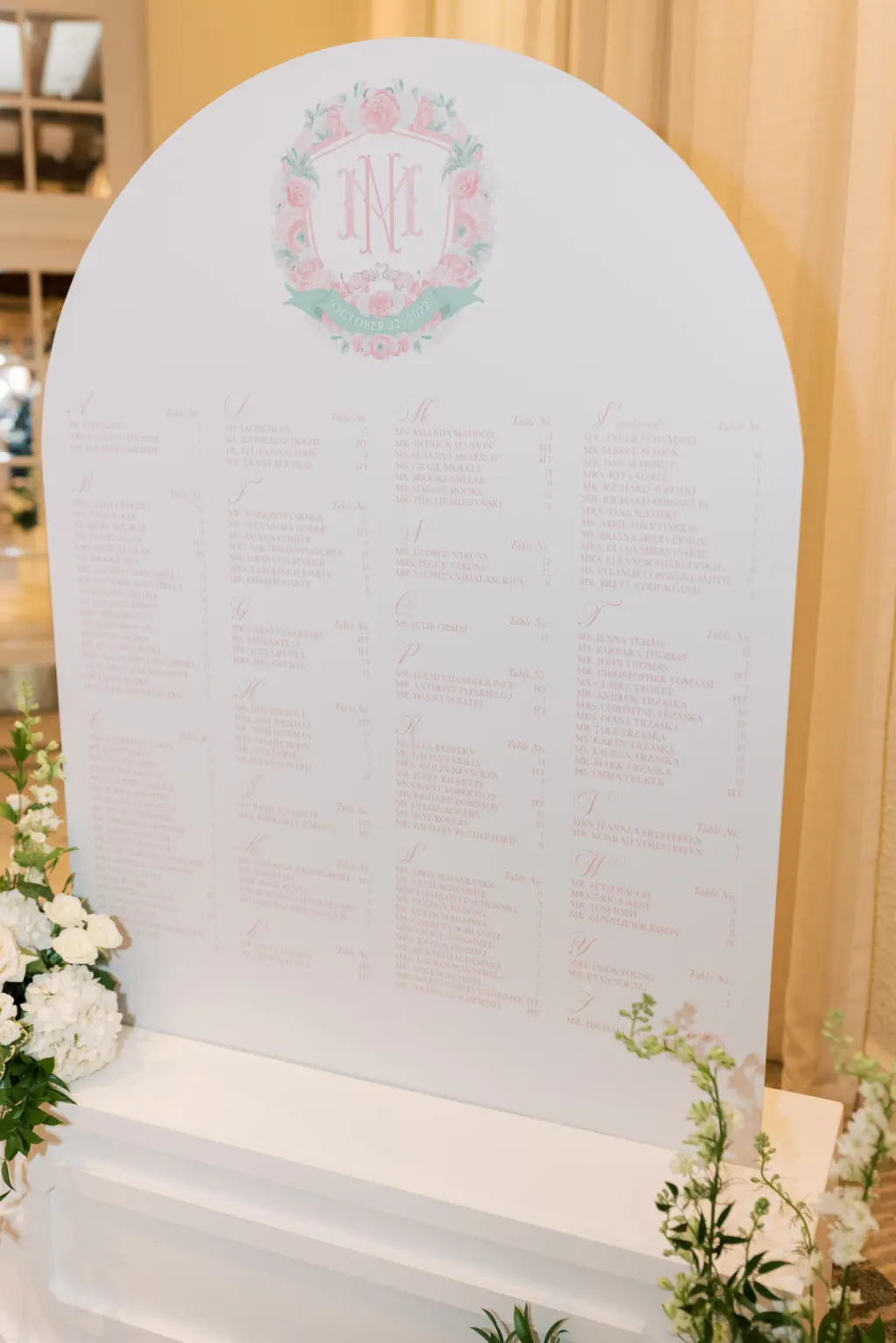 Pink Custom White Arch Alphabetical Seating Chart Stand for Wedding Reception with Custom Logo Inspiration