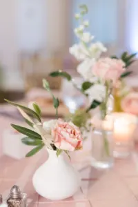 Clear and White Vases with Blush Florals and Greenery Tabletop Decor