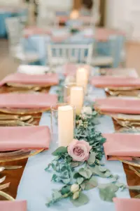 Eucalyptus Greenery Garland with Pink and White Roses | Dusty Blue Table Runner and Dusty Pink Napkins | Tampa Bay Rental Company A Chair Affair