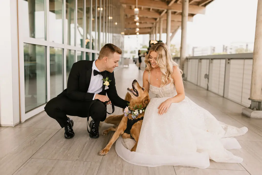 Bride and Groom with Dog on Wedding Day | Tampa Bay FairyTail Pet Care | Downtown Event Venue Tampa River Center