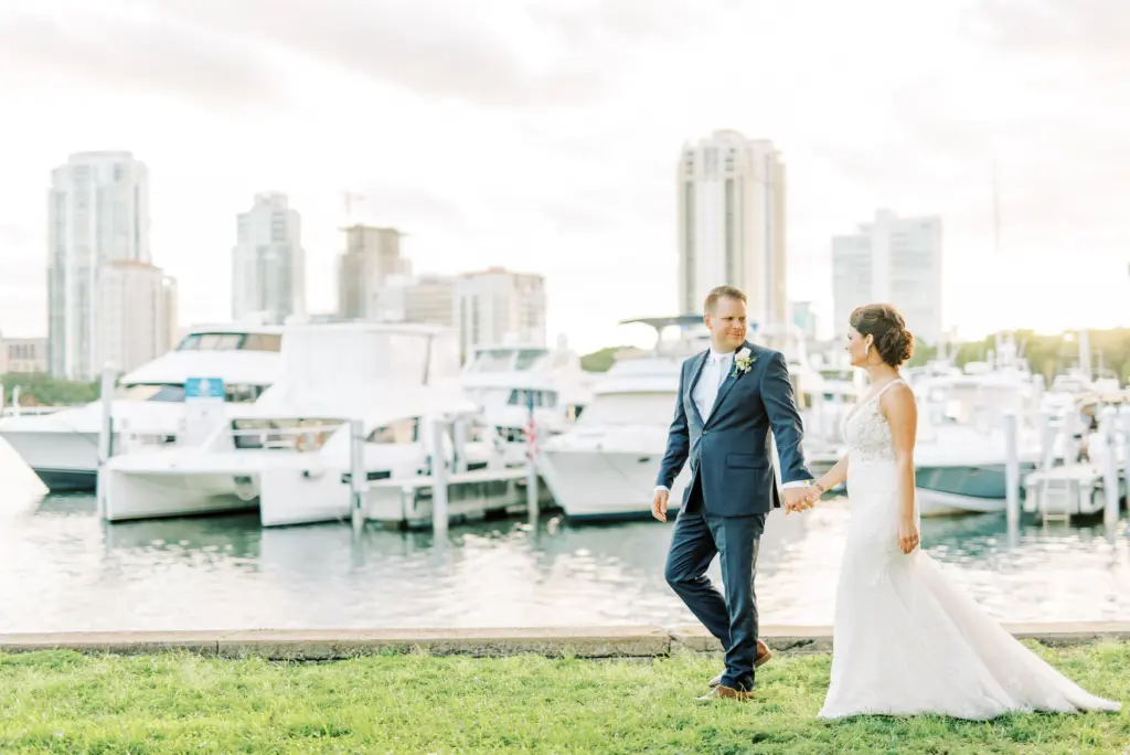 Bride and Groom Sunset Waterfront Wedding Portrait