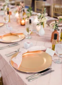 Gold Charger with Romantic Plating and Blush Pink Pintuck Linens Reception Tablescape Ideas