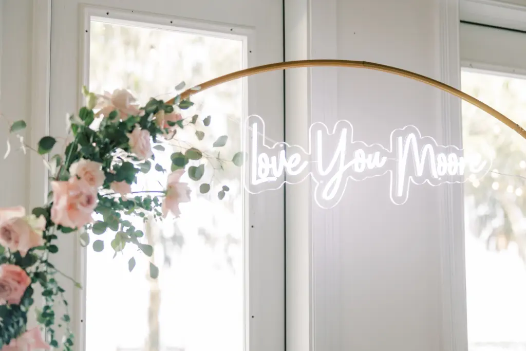 Love You More Neon Sign | Round Gold Hoop Backdrop for Sweetheart Table at Wedding Reception