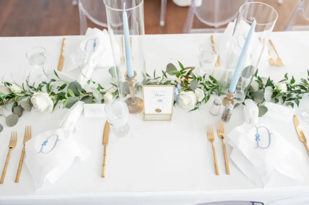 White, Blue, and Gold Wedding Reception Ideas with Greenery Garland Centerpieces | Tampa Florist Monarch Events and Designs | Kate Ryan Event Rentals