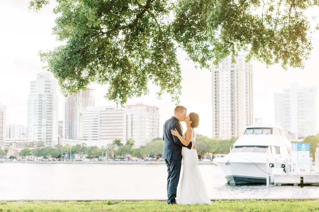 Bride and Groom Sunset Waterfront Wedding Portrait
