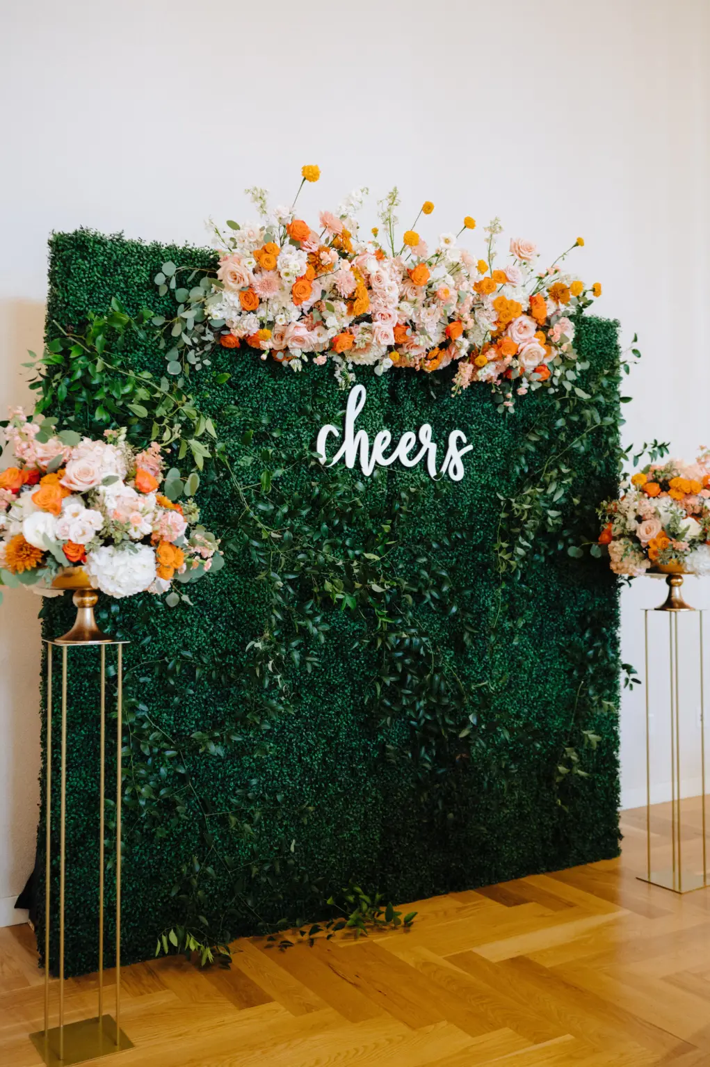 Cheers Orange and Pink Greenery Photo Booth Backdrop Ideas for Spring Wedding Reception