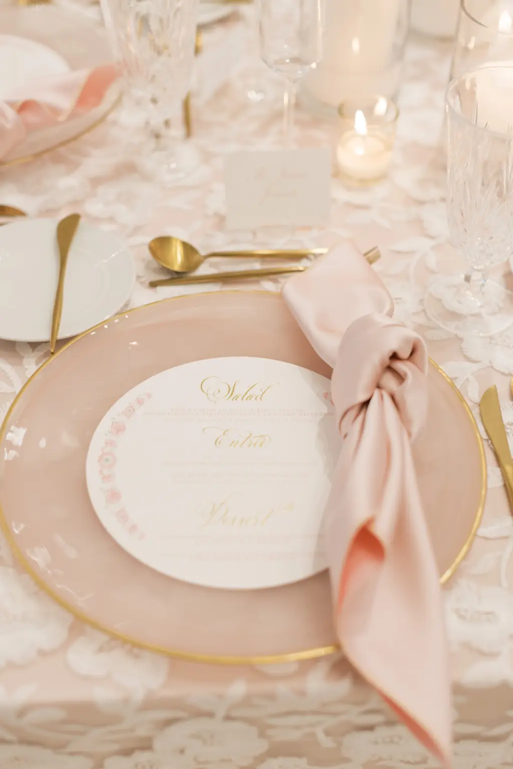 Pink Frosted Glass Chargers, Gold Flatware, and Individual Menu Cards | Vintage Pink Wedding Reception Table Setting Inspiration