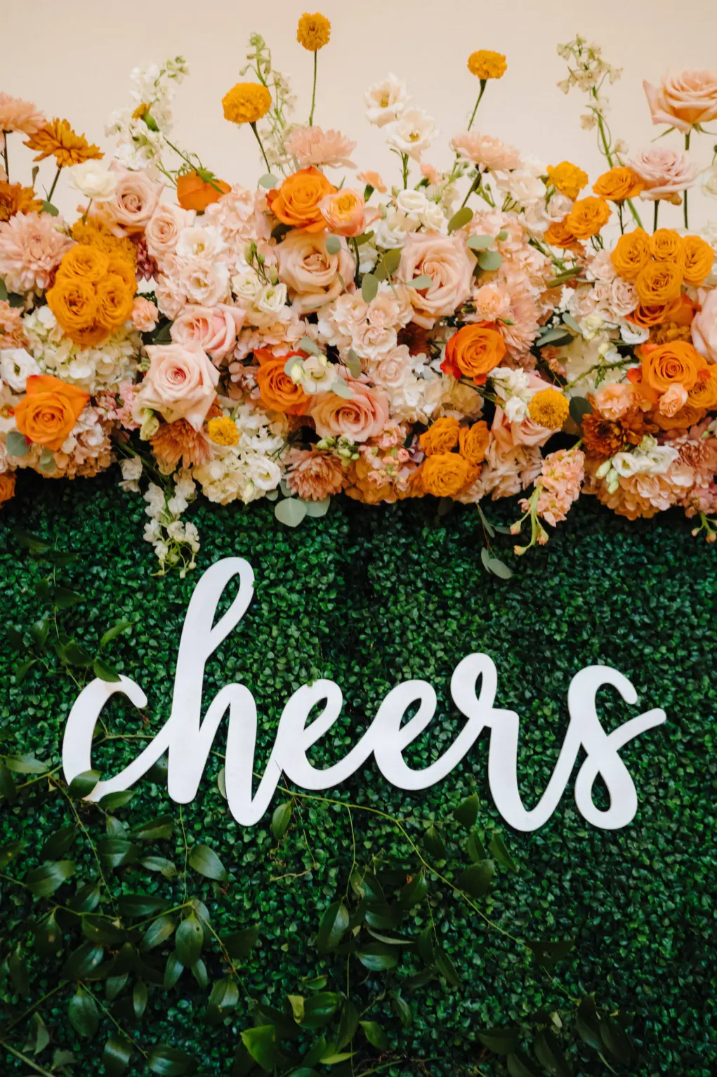 Cheers Orange and Pink Greenery Photo Booth Backdrop Ideas for Spring Wedding Reception