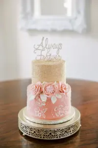 Always and Forever Cake Topper for Round Two-tiered Wedding Cake Gold Glitter and Pink with Flower Detail and Garden Rose Accents