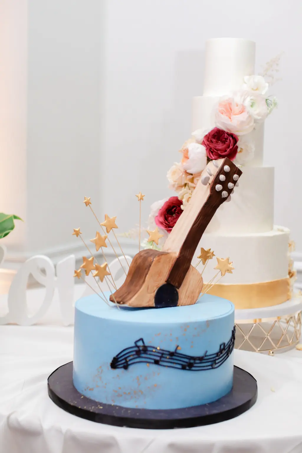 Blue One Tier Cake with Guitar and Musical Design and Detailing | Tampa Bay Cake Company