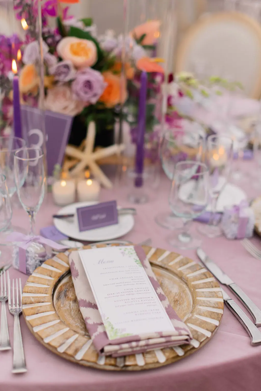 Wooden Chargers with Menu Card Purple Wedding Reception Table Setting Ideas