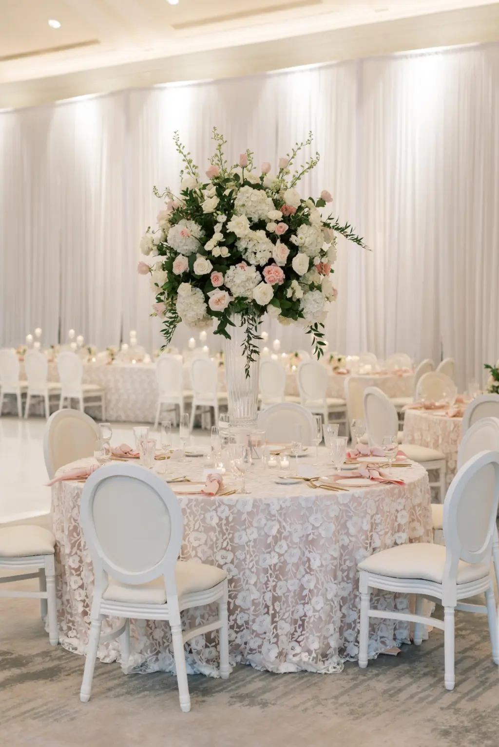 Elegant Tall Vase with White Hydrangeas and Pink Roses Flower Arrangement Centerpiece Ideas | Tampa Bay Wedding Florist Bruce Wayne Florals | Planner Parties A La Carte